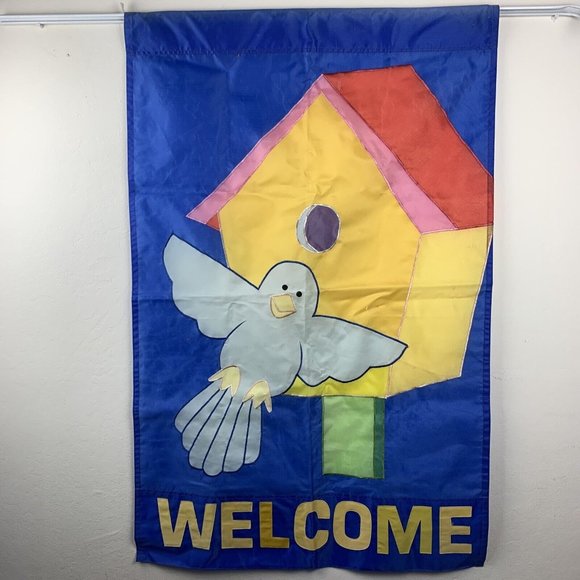 Decorative Garden Flag Indoor Outdoor Bird With Birdhouse "Welcome" Approx 42x27 - Picture 1 of 4